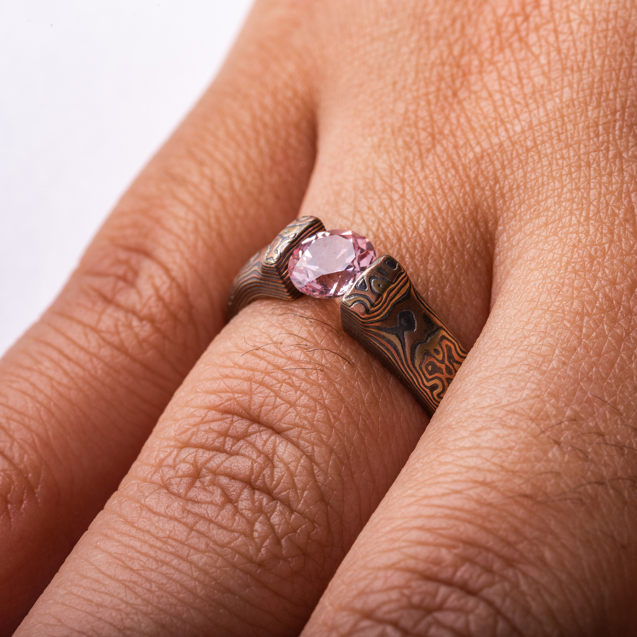 Elegant Tension Set Sapphire Mokume Ring - Image 6