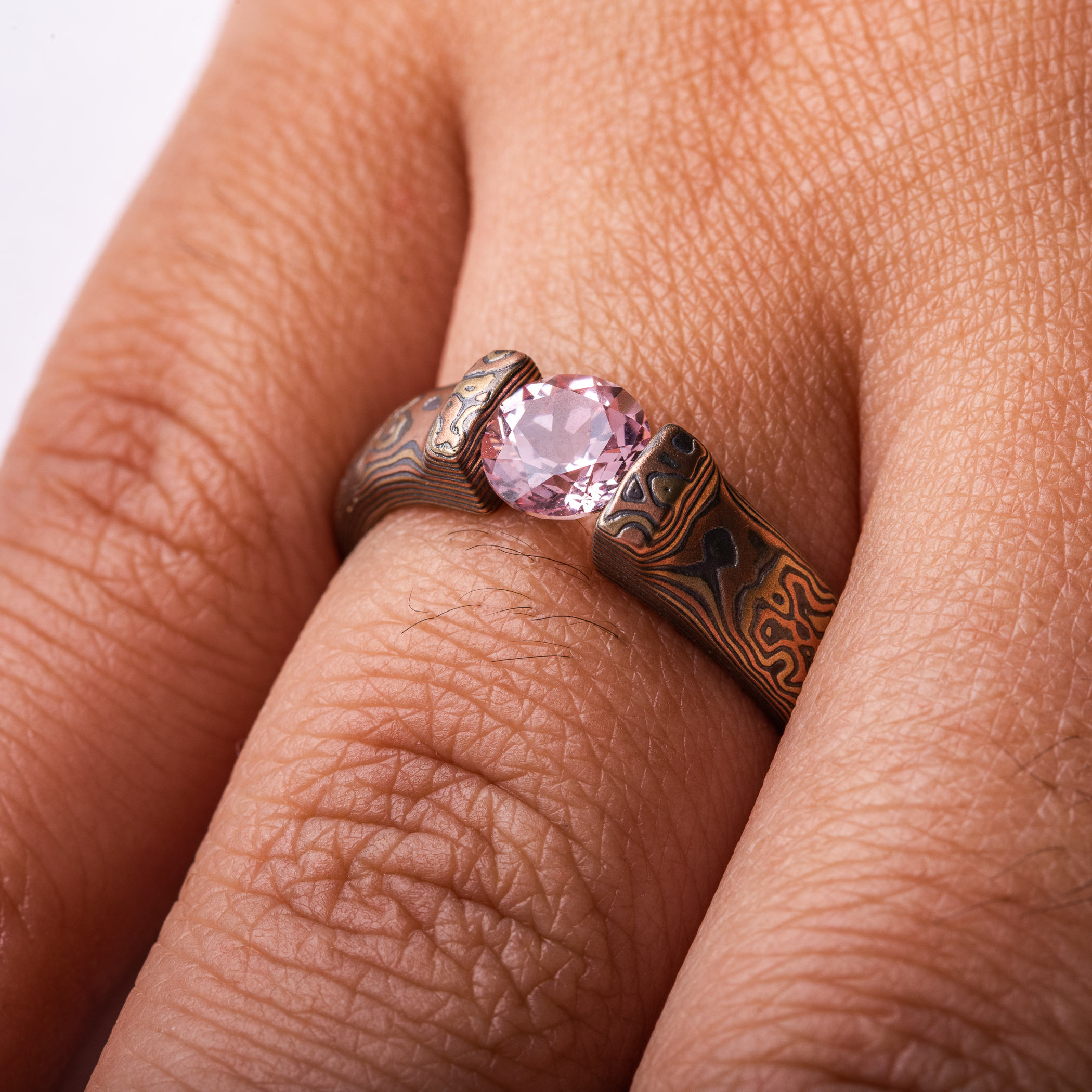 Elegant Tension Set Sapphire Mokume Ring - Image 7