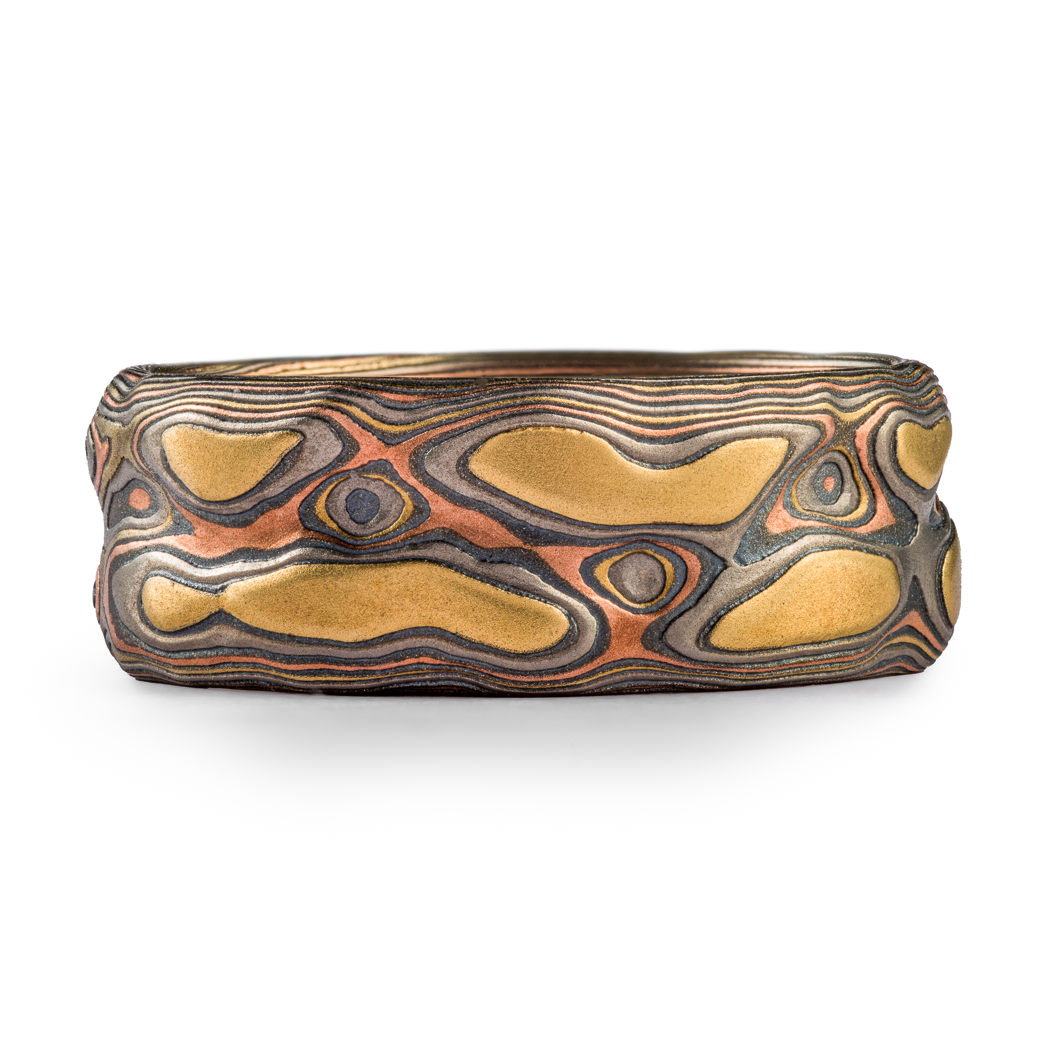 yellow gold, red gold and silver with palladium layers. striated, linear, twist and islands , topographical
