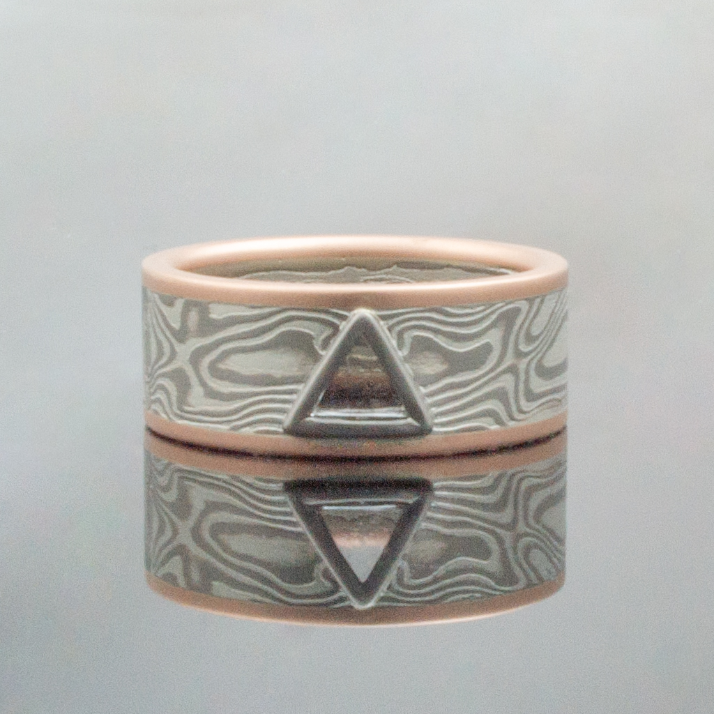 Mokume Gane Ring mens Wedding Band triangle stone Woodgrain Pattern and Ash Palette w/ Macle Stone