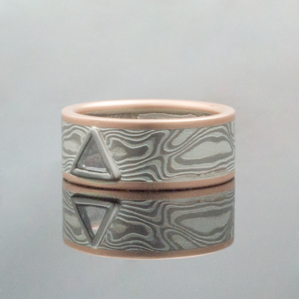Mokume Gane Ring mens Wedding Band triangle stone Woodgrain Pattern and Ash Palette w/ Macle Stone