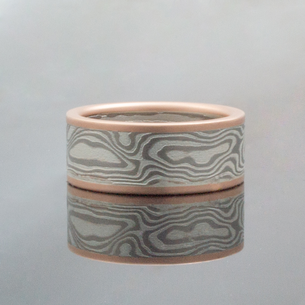 Mokume Gane Ring mens Wedding Band triangle stone Woodgrain Pattern and Ash Palette w/ Macle Stone