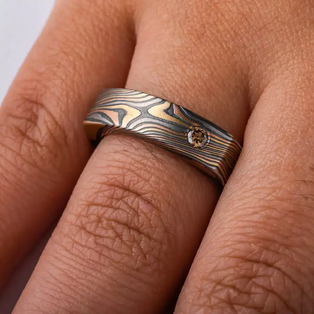 Cognac Diamond, Diamond, Etched & Oxidized, Firestorm, Flat, Setting, Square Band, Stone, Twist
