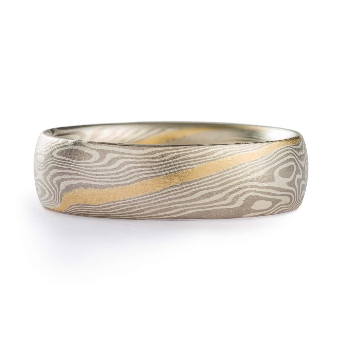bespoke quality mokume gane ring for men with yellow gold stripe