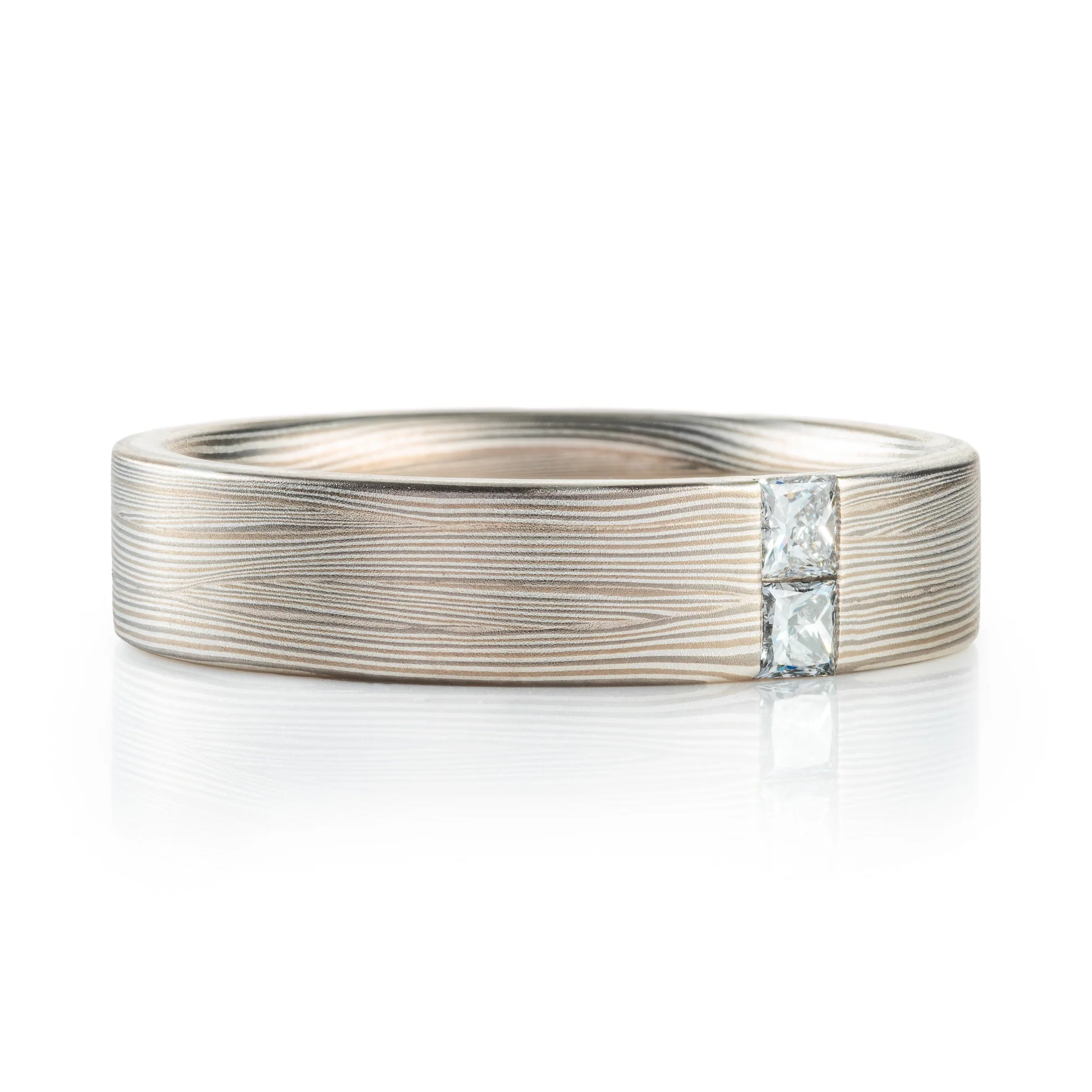 Elegant Mokume Diamond Wedding Ring in Flow Pattern with Mokume Knots and Smoke Palette - Image 2