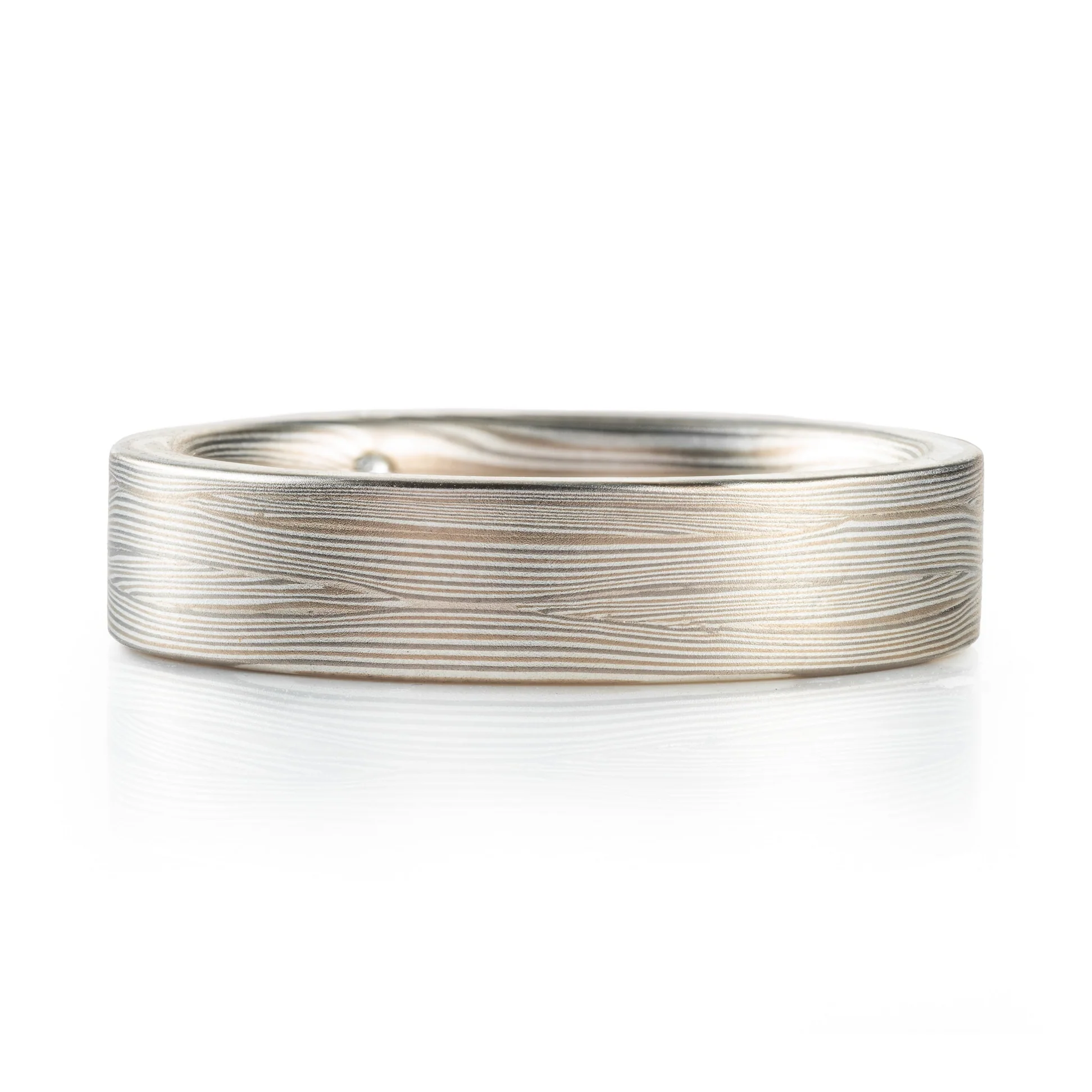 Elegant Mokume Diamond Wedding Ring in Flow Pattern with Mokume Knots and Smoke Palette - Image 3