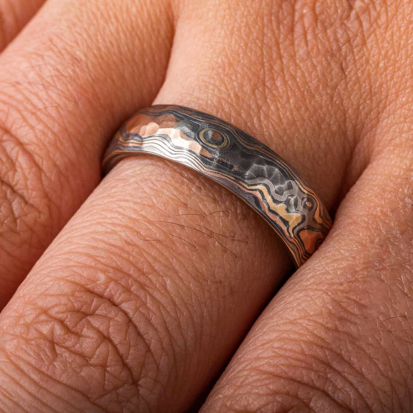 Mokume gane ring mens red gold, yellow gold, silver, palladium mokume gane ring with bespoke pattern. High art with hammered finish