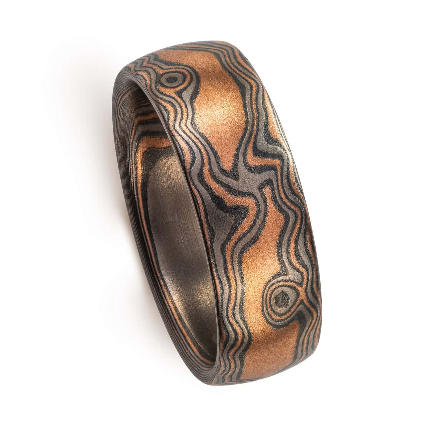 mokume gane ring woodgrain pattern, red gold palladium and oxidized silver