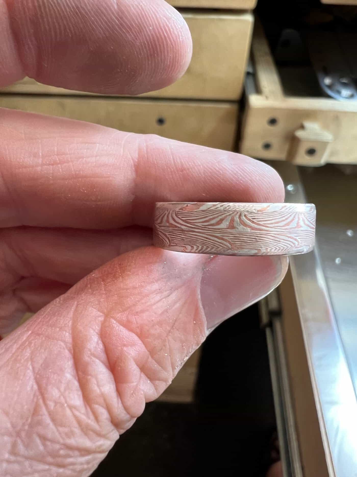 mokume pattern experimental ring made with silver and copper
