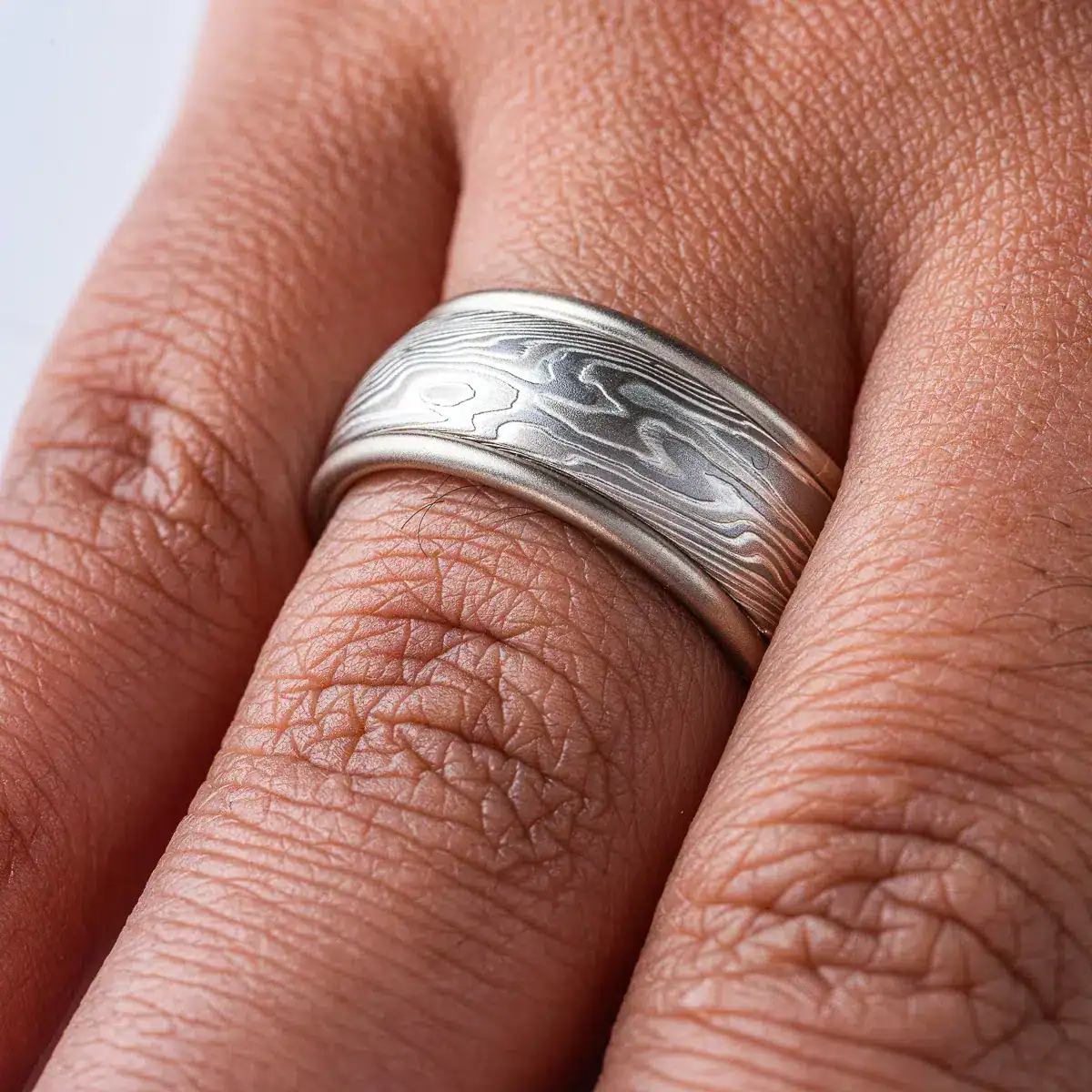 mokume gane twisted pattern ring made of layers of metal in different shades of gray, the ring also has added rails running around the top and bottom edges