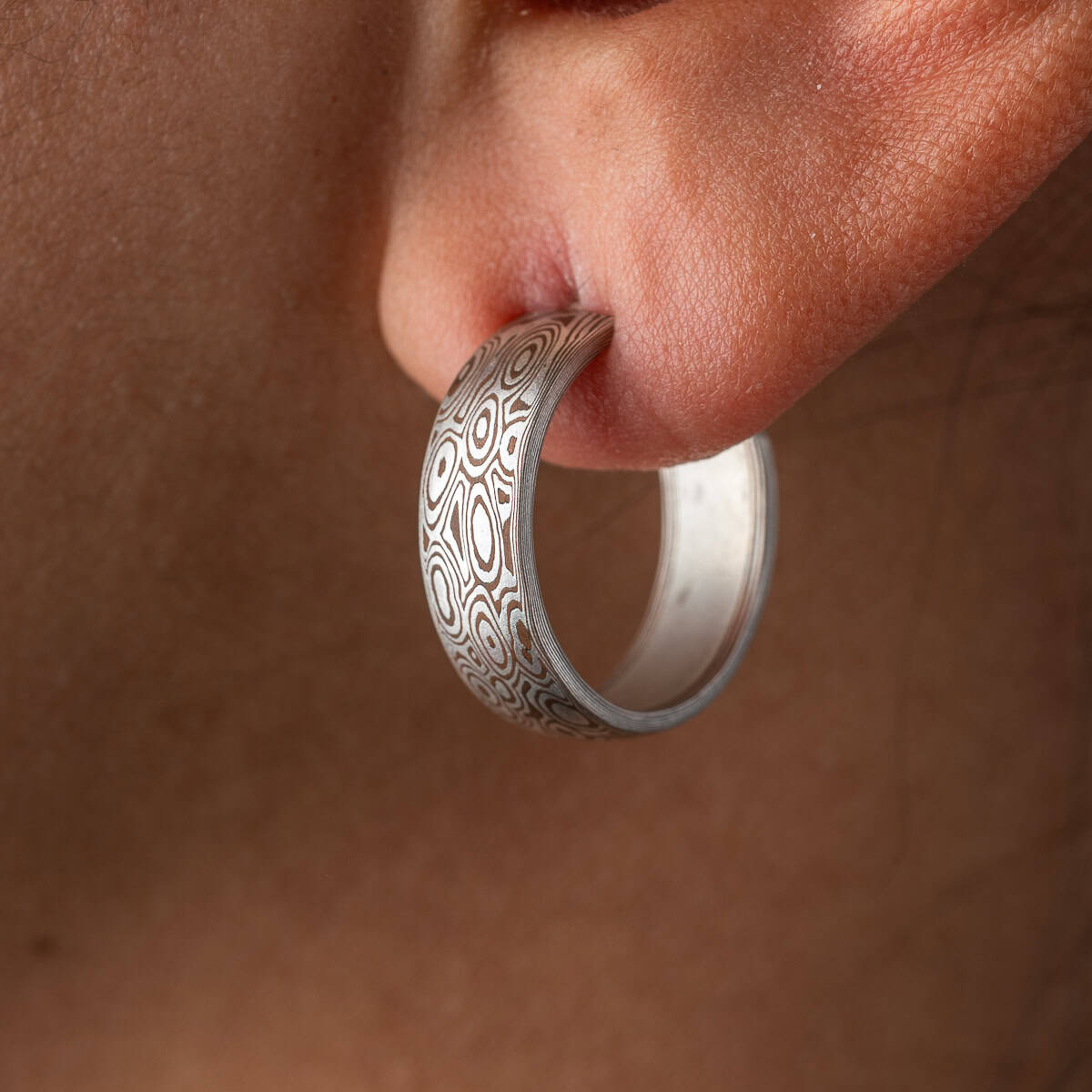 Mokume Gane Earrings: Open Hoop Droplet Pattern - Image 2
